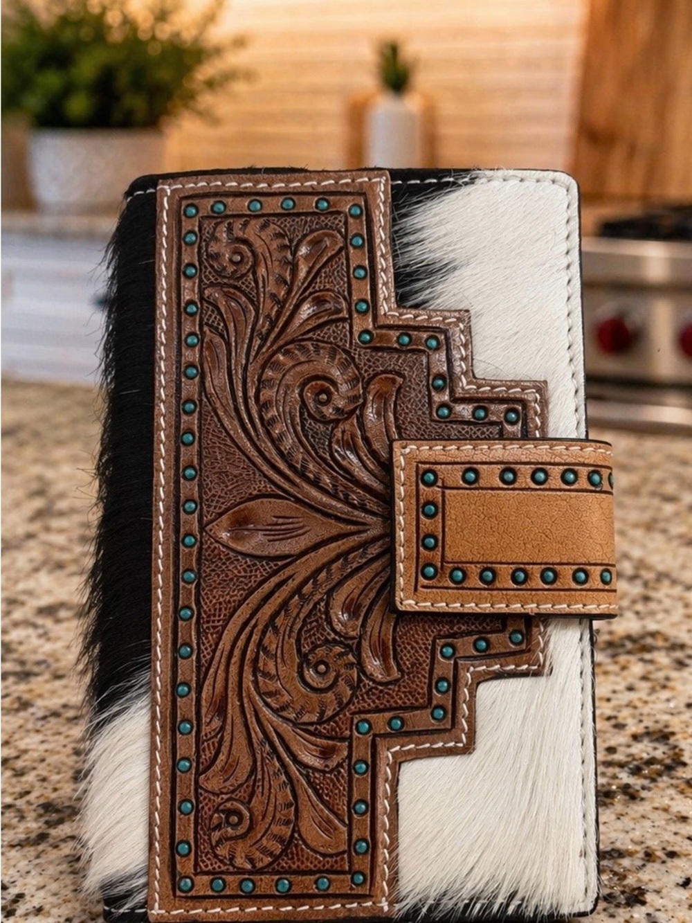 Tooled Leather & Cowhide Wallet with Turquoise Studs